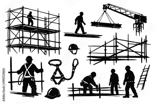 Construction workers and equipment silhouettes on scaffolding
