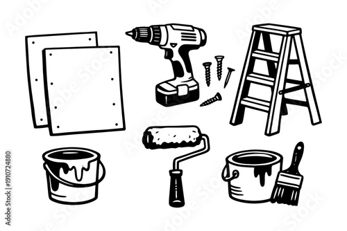 Diy tools and materials: drill, ladder, paint supplies, and boards