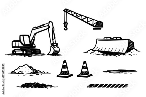Construction equipment: excavator, crane, bulldozer, cones, dirt piles in black and white drawing