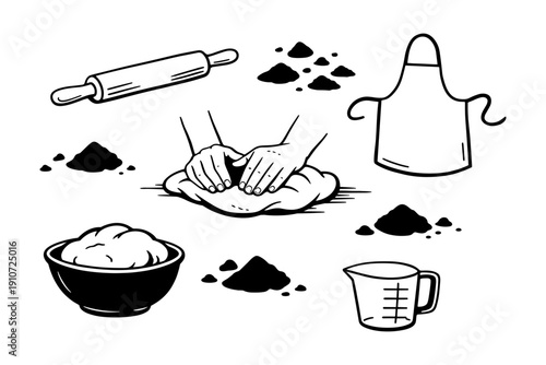 Black and white baking tools and ingredients illustration