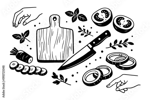 Hand-drawn culinary elements with cutting board, knife, and vegetables