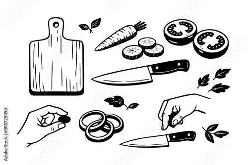Illustration of kitchen utensils and vegetables for cooking preparation