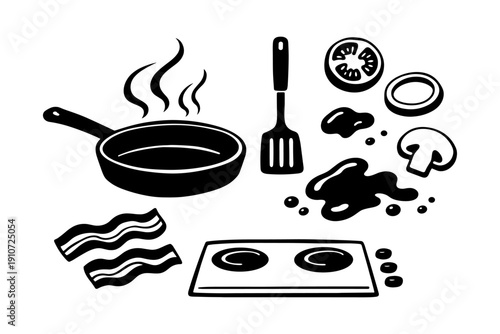 Cooking utensils and ingredients: frying pan, spatula, bacon, tomato, mushroom