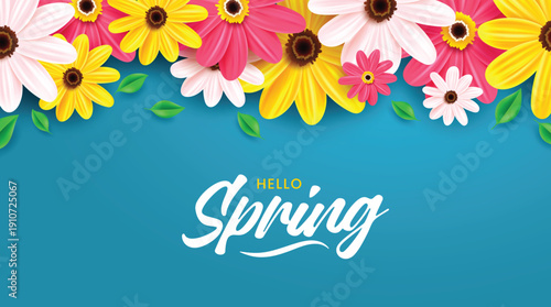 Spring sale vector illustration. Floral seasonal elements in colorful 3D design on green background. Vector illustration spring promotional banner with white blooming flowers.