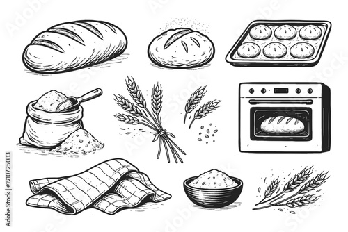Hand-drawn baking elements: bread, wheat, oven - authentic baking illustration
