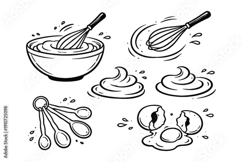 Baking ingredients and tools illustrations: whisk, eggs, measuring spoons, dough
