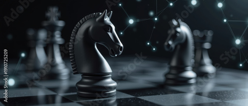 Black chess knight chessboard strategy intelligence competition game focus planning abstract digital
