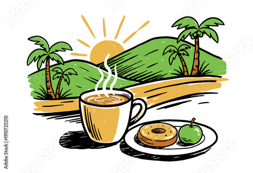 Tropical coffee morning vector artwork design. Summer breakfast illustration for poster and apparel. Palm trees and mountain background sketch. Hot co