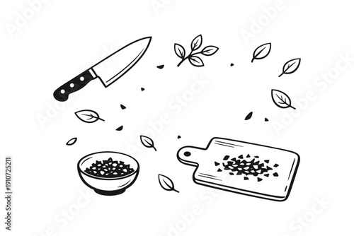 Kitchen tools with knife and chopping board for herb preparation
