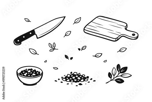 Culinary tools and ingredients sketch with knife, cutting board, and herbs
