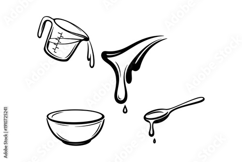 Black and white illustration of measuring cup, bowl, and spoon with liquid