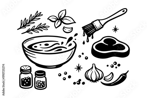 Monochrome illustration of marinade ingredients and steak preparation