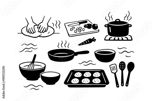 Home cooking preparation icons: kneading, chopping, boiling, baking, stirring
