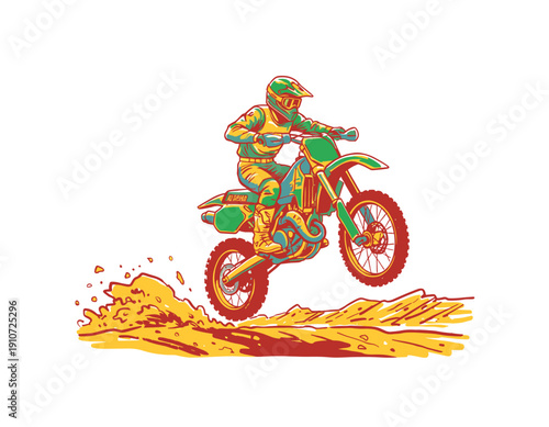 Dirt bike jump vector illustration design. Motocross extreme sport artwork for t-shirt. Speed racing poster design. Battle of the track graphic print