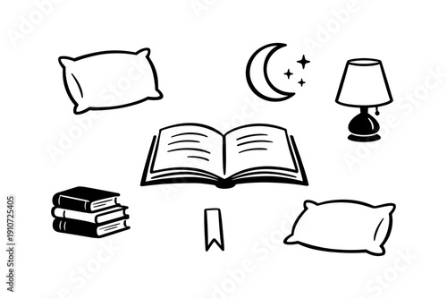 Cozy bedtime scene with open book, pillows, lamp, and moon illustrations