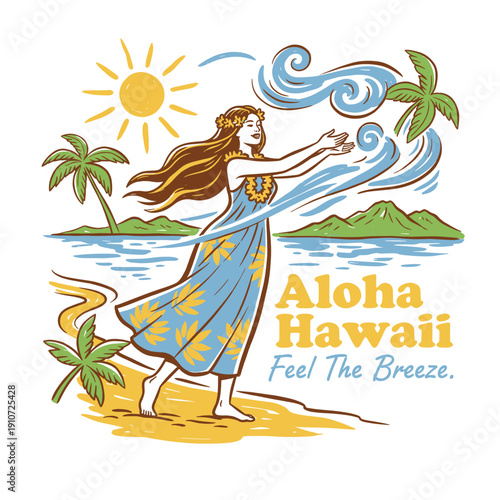 Aloha Hawaii feel the breeze vector artwork. Tropical beach landscape illustration. Woman dancing on sandy shore design. Vintage summer resort graphic