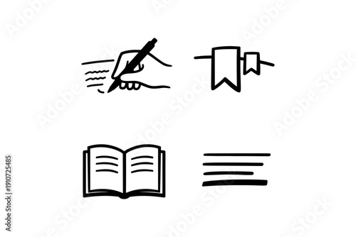 Icon set of writing hands, bookmark, open book, and lines