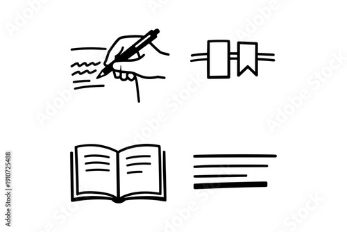 Minimalist icon set of handwriting, bookmark, open book, and horizontal lines