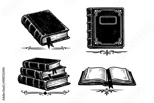 Vintage illustrated books with ornate covers and decorative elements