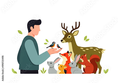 Vector flat design illustration of a man feeding a bird with various animals gathered around him on a white background.