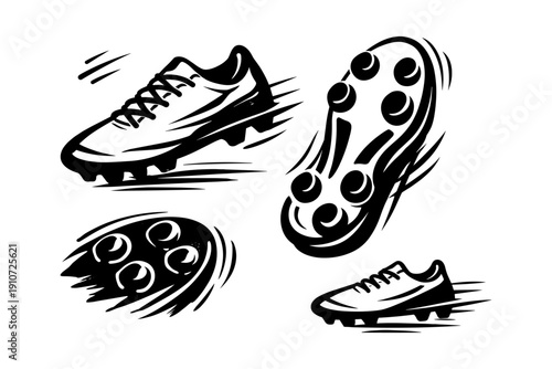 Dynamic black and white soccer shoe illustrations with cleats in motion