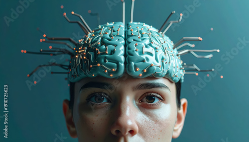 Close-up of a Woman's Face with a Cybernetic Brain and Glowing Circuits