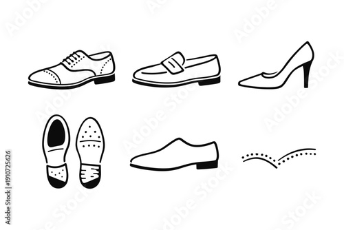 Collection of stylish shoe icons including loafers, heels, and formal designs