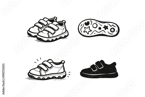 Hand-drawn children's shoes with velcro and fun outsole designs