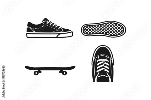 Skateboarding elements: shoes and skateboard silhouettes in black and white