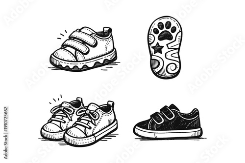 Hand-drawn children's sneakers and soles in various styles and designs