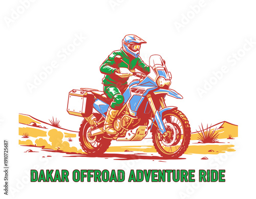 Dakar offroad adventure ride illustration. Motorcycle rally graphic print design. Adventure touring motorcycle artwork. Desert racing extreme sport de