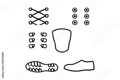 Shoe components diagram with laces, eyelets, hooks, sole, and upper design