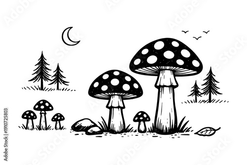 Black and white forest scene with mushrooms and trees at night