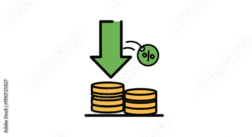 Green downward arrow over coin stacks with percentage symbol illustrating financial reduction.