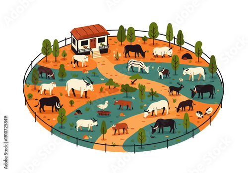 Vector flat design illustration of a farm with various animals, a house, and trees, enclosed by a fence in a circular landscape.