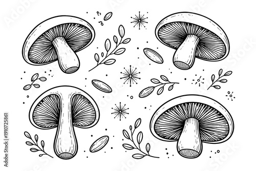 Hand-drawn mushroom pattern with botanical elements in black and white