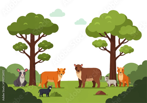 Vector flat design illustration of various animals standing in a serene forest clearing with trees and bushes, conveying a peaceful natural scene.