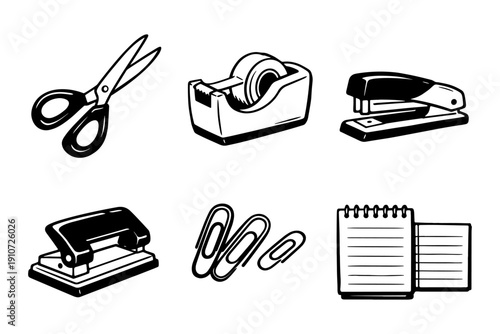 Essential office supplies: scissors, tape, stapler, hole punch, paper clips, notepad