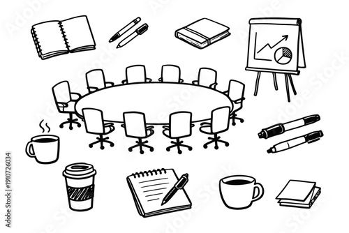 Hand-drawn office meeting essentials: conference room, notebooks, pens, and coffee