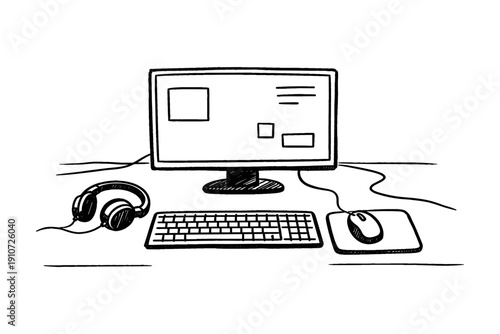 Monochrome desktop setup with monitor, keyboard, mouse, and headphones illustration