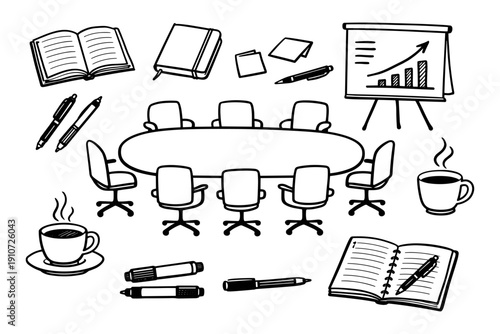 Office meeting setup with graph presentation and stationery on white background
