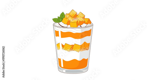 Delicious Mango Parfait Dessert in a Glass with Cream and Mint Leaf.