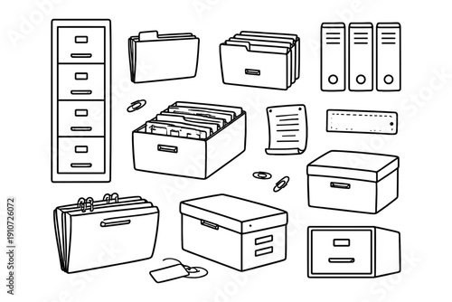 Various office storage solutions and organizational tools in black and white