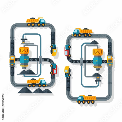 Mining and construction operations with heavy machinery and conveyor belts.