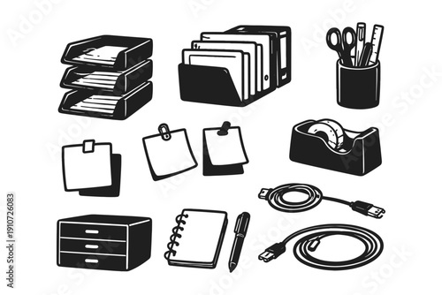 Black and white office supplies: organizers, stationery, cables, and notebooks
