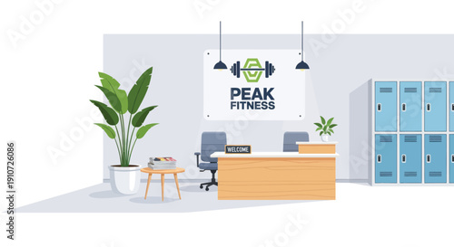 Gym Reception Area with Desk Lockers Plant and Peak Fitness Sign.