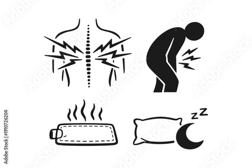 Chronic back pain relief symbols: heat pad, sleep, ache, spine, figure