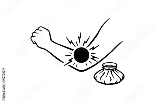 Elbow pain illustration with ice pack for injury relief