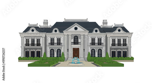 Elegant White Mansion with Balconies and Lush Greenery.