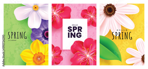 A set of three floral cards featuring realistic 3D flowers including daffodils and blossoms with "Hello Spring" text on vibrant textured backgrounds.